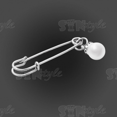 Булавка металическая, цвет никель+белые стразы+белая бусина фото 2