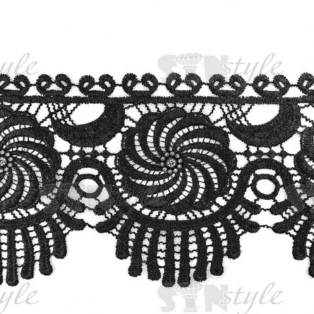 Кружево ажурное, украшенное стразами, ширина 120 мм, намотка 15 ярдов, цвет черный  фото 2