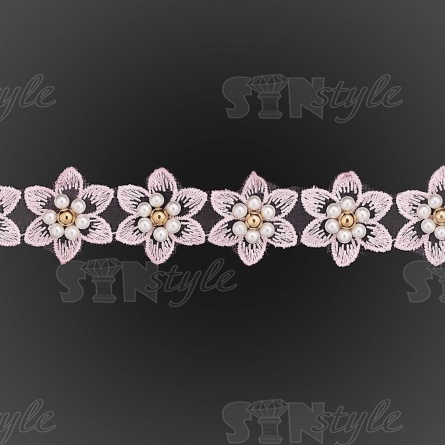 Кружево "Цветочки" украшено бусинами ,на капроновой ленте, ширина 30 мм, цвет розовый, намотка 20 ярдов, #21 фото 3