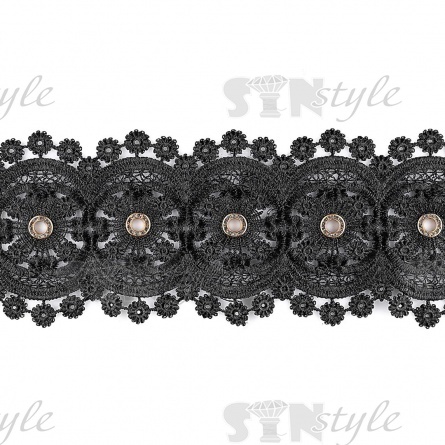 Кружево ажурное с цветочным орнаментом, украшенное золотыми люверсами и белыми стразами, ширина 95 мм, намотка 15 ярдов, цвет черный фото 3