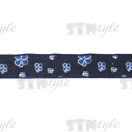 Джинсвая лента с цветочным принтом голубого цвета, ширина 40 мм, намотка 20 ярдов фото 2