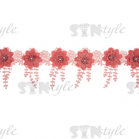 Тонкое ажурное кружево, декорированное цветами, бусинами и стразами, ширина 90 мм, цвет грязно-розовый, намотка 10 ярдов  фото 2