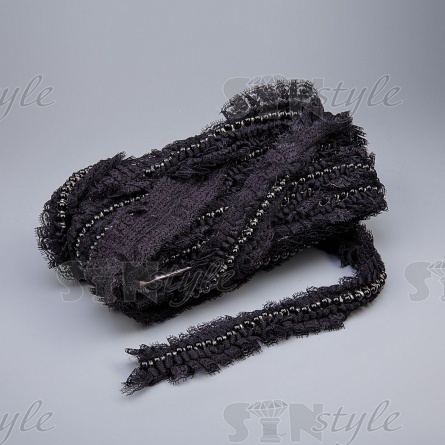 Кружево с отделкой,  нежное ажурное кружево собрано в мелкую складку с бусинами по всей длине изделия, ширина 40 мм, намотка 15 ярдов, цвет черный фото 2