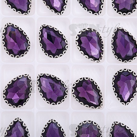 Стразы пришивные, стеклянные в оправе, форма капля, цвет серебро+фиолетовый, размер 10х14 мм фото 3