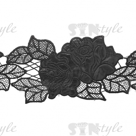 Кружево кожаное, красивые крупные цветы в обрамлении нежных прозрачных листье, ширина 115 мм, намотка 10 ярдов, цвет черный фото 2