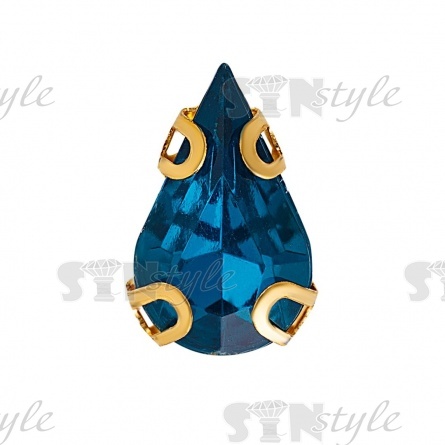 Стразы пришивные акриловые в цапах, форма капля, цвет золото+бирюза, размер 6х10мм, 200 шт/уп. фото 1