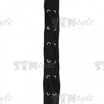 Декоративная тесьма отделочная с люверсами и шнуровкой, ширина 35 мм, цвет черный+серебро, намотка 15 ярдов фото 3