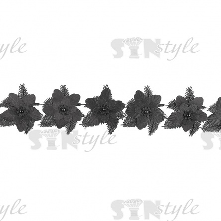 Кружево Цветочное, красивая цветочная гирлянда с бусиной в центре цветка, намотка 10 ярдов, ширина 75 мм, цвет черный фото 2