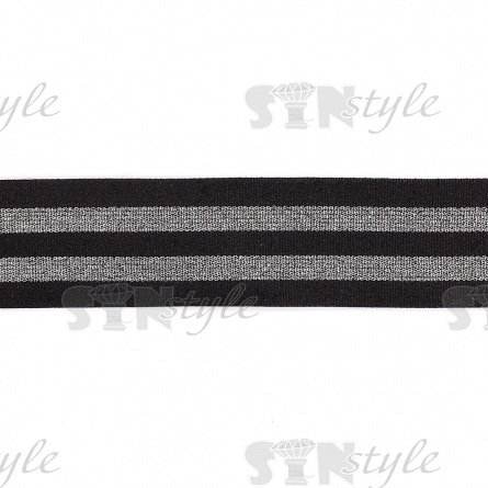 Резинка декоративная, ширина 40 мм, цвет черный+серебряный, намотка 50 метров фото 2