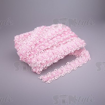 Кружево ажурное с отделкой,  на нежной кружевной основе россыпь бутонов роз с бусиной в центре цветка, ширина 40 мм, намотка 15 ярдов, цвет розовый фото 3