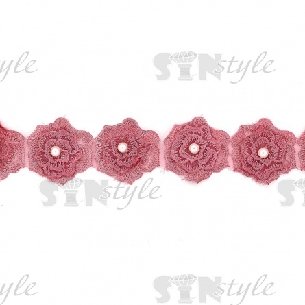 Кружево "Цветочки" украшено бусиной ,на капроновой ленте, ширина 55 мм, цвет старо-розовый (55) , намотка 20 ярдов фото 2