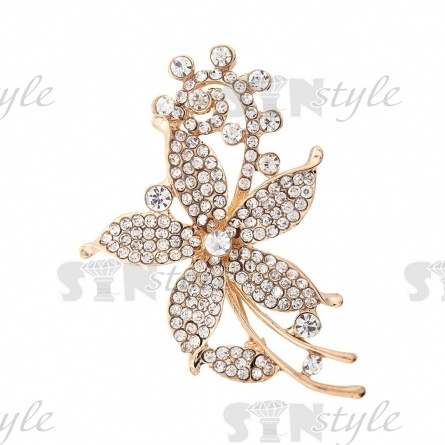 Брошь металлическая со стразами, застежка булавка, цвет золото+белые стразы,размер 40х58 мм фото 1