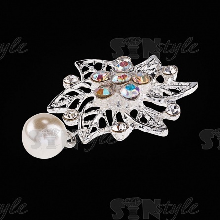 Брошь с подвеской, застежка булавка, цвет серебряный+радужные стразы, размер 30х48 мм фото 3