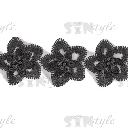 Кружево "Цветочки" украшено бусиной , на капроновой ленте, ширина 55 мм, цвет черный, намотка 20 ярдов фото 3