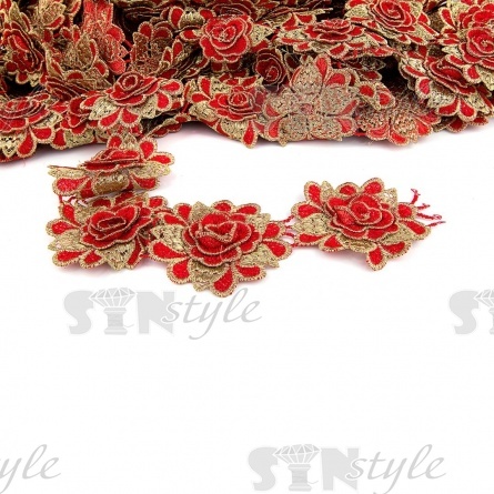 Нарядное кружево с объемными цветами, ширина на 80 мм, цвет красный с золотым люрексом, намотка 15 ярдов фото 2