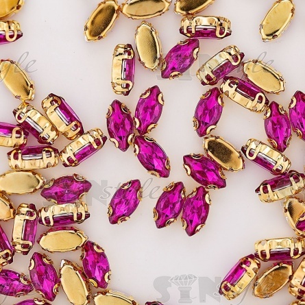 Стразы пришивные акриловые в цапах, форма лодочка, цвет золото+фуксия, размер 5х10 мм, 200 шт/уп. фото 3