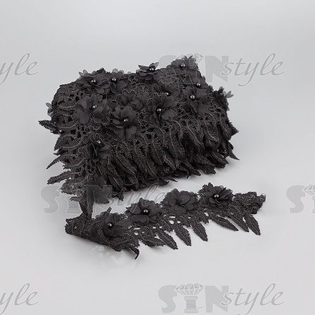 Кружево ажурное с отделкой,  нежнейшее тонкое переплетение гирлянды с цветочными мотивами с бусиной в центре цветка, ширина 85 мм, намотка 10 ярдов, цвет черный  фото 3