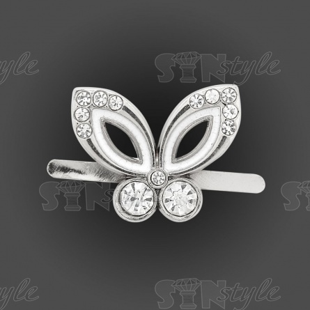 Брошь металлическая со стразами, крепление усики, размер 23ммх18мм, цвет нивель+белая эмаль+белые стразы фото 1