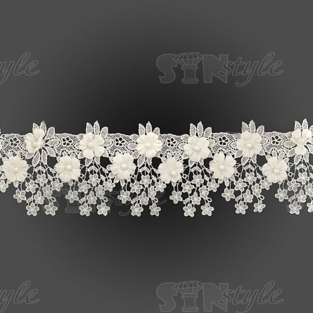 Кружево ажурное с отделкой бусинами и цветами, ширина 90 мм, цвет шампань, намотка 10 ярдов фото 1