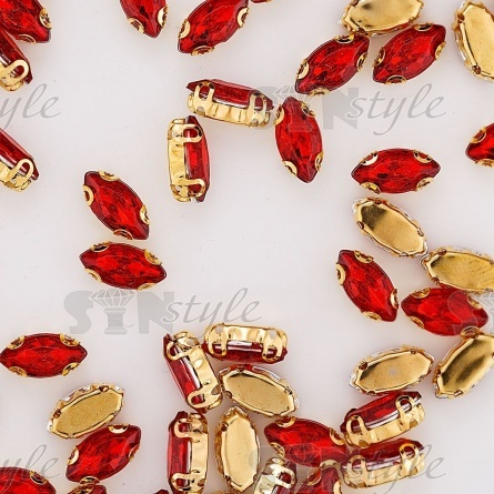 Стразы пришивные акриловые в цапах, форма лодочка, цвет золото+красный, размер 5х10 мм, 200 шт/уп. фото 3