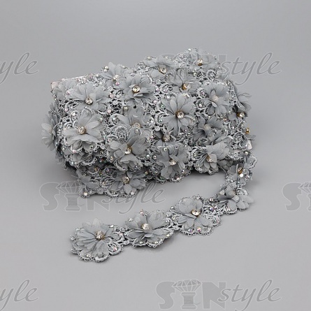 Кружево "Цветочное" ажурное с объемными цветами и стразами, ширина 50 мм, цвет серый, намотка 10 ярдов фото 1