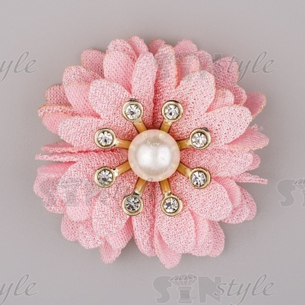 Цветочки декоративные со стразами и бусиной, цвет розовый, диаметр 45 мм фото 1