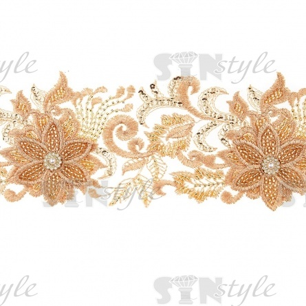 Кружево 3D на сетке с цветочным орнаментом, расшитое микробисером, пайетками и стразами, ширина 100 мм, цвет золотой, намотка 10 ярдов  фото 3