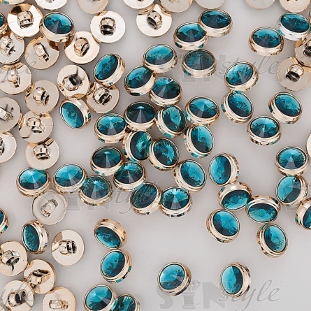 Пуговица пластиковая на ножке, круглая, золотая основа с бирюзовым кристалом, 20L фото 3