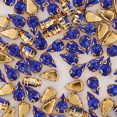 Стразы пришивные акриловые в цапах, форма капля, цвет золото+ярко-синий, размер 6х10мм, 200 шт/уп. фото 2