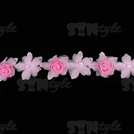 Кружево "Цветочное", нежная цветочная гиирлянда из объемных капроновых и фоамирановых цветов с бусиной в середине цветка,  ширина 45 мм, цвет розовый, намотка 10 ярдов фото 2