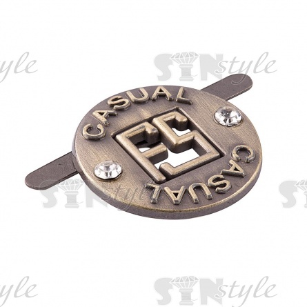 Брошь металлическая, тип крепления "усики", диаметр 15 мм, цвет бронзовый+белые стразы фото 2