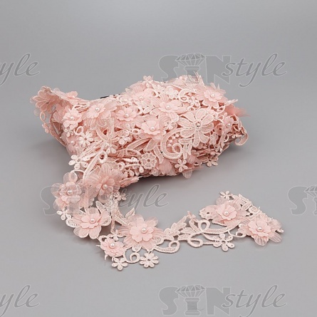 Кружево "Цветочное", цветочная воздушная гирлянда с бусиной в центре каждого цветка, ширина 85 мм, цвет старо-розовый, намотка 10 ярдов фото 2