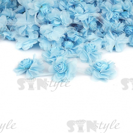 Кружево "Цветочки" на капроновой ленте, нежная цветочная гирлянда из объемных цветов, ширина 60 мм, цвет голубой (129), намотка 10 ярдов фото 1