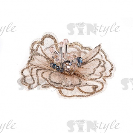 Аппликация с элементами из бисера и страз, цвет шампань, диаметр 70 мм фото 2