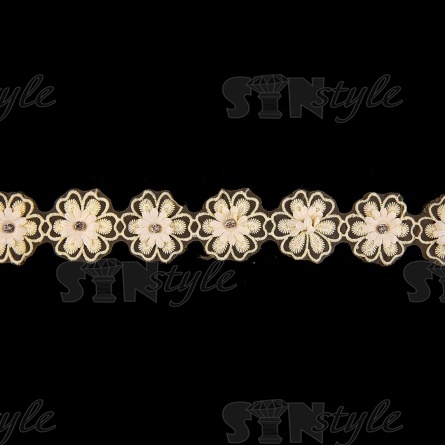 Кружево "Цветочное", ширина 50 мм, цвет шампань, стразы белые, намотка 10 ярдов фото 3