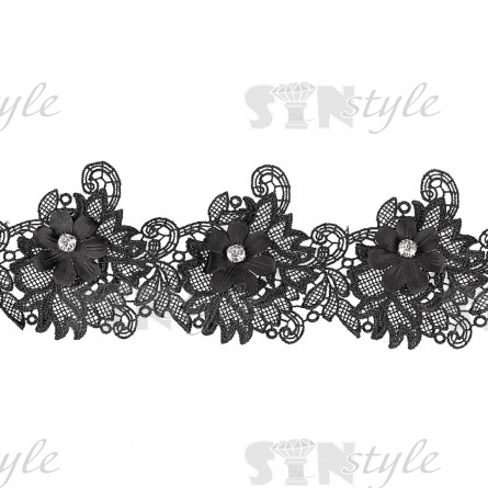 Кружево ажурное с отделкой, нежная тонкая цветочная гирлянда на ажурной основе со стразой в центре цветка, ширина 80 мм, намотка 10 ярдов, цвет черный фото 1