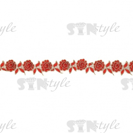 Нарядное кружево с объемными цветами, ширина 50 мм, цвет красный с золотым люрексом, намотка 15 ярдов фото 3