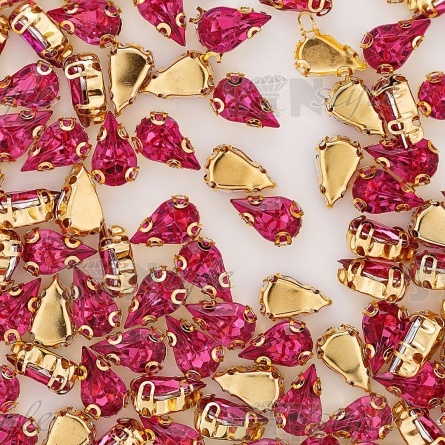 Стразы пришивные акриловые в цапах, форма капля, цвет золото+ярко-розовый, размер 6х10мм, 200 шт/уп. фото 3