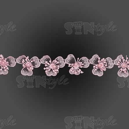 Цветочки из капроновой ленты, нежная цветочная гирлянда с бусиной в центре цветка, ширина 43 мм, намотка 15 ярдов, цвет розовый  фото 3