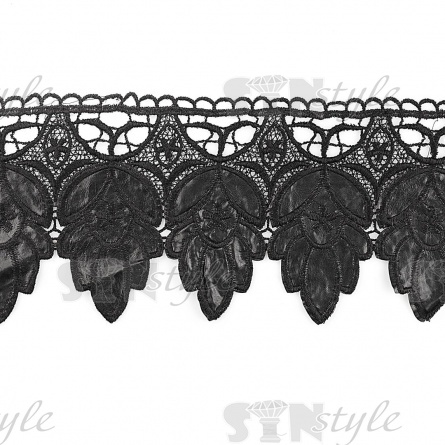 Кружево кожаное, красивая ажурная гирлянда из объемных листьев, ширина 145 мм, намотка 15 ярдов, цвет черный фото 2