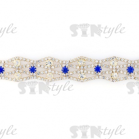 Цепочка декоративная металлическая со стразами, цвет золотой+белые и синие стразы, ширина 20 мм, рулон 5у фото 2
