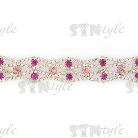 Цепочка декоративная металлическая со стразами, цвет золотой+белые и розовые стразы, ширина 20 мм, рулон 5у фото 2