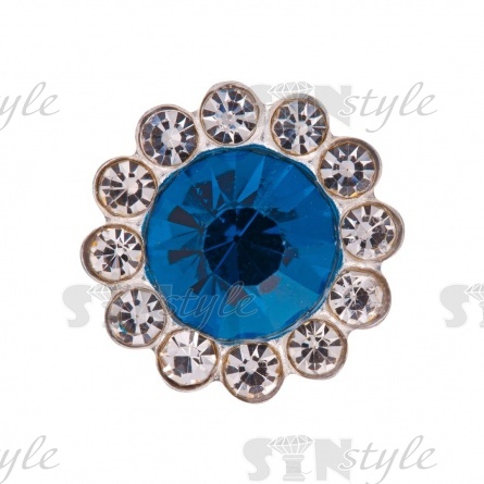 Стразы пришивные стеклянные в оправе, форма цветок, цвет серебро+темная бирюза+белый, диаметр 12 мм фото 1