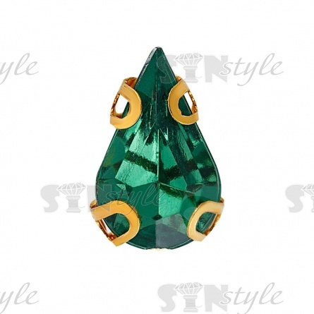 Стразы пришивные акриловые в цапах, форма капля, цвет золото+зеленый, размер 6х10мм, 200 шт/уп. фото 1