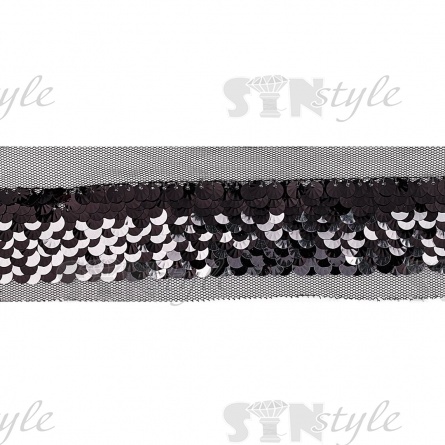 Тесьма отделочная на сетке, расшитая пайетками, цвет серебряный, ширина участка с пайетками 30 мм, намотка 22 ярда  фото 2