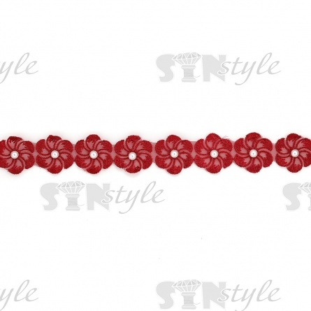 Кружево "Цветочки" на капроновой ленте, ширина 35 мм, цвет бордовый+белые бусины, намотка 20 ярдов фото 2