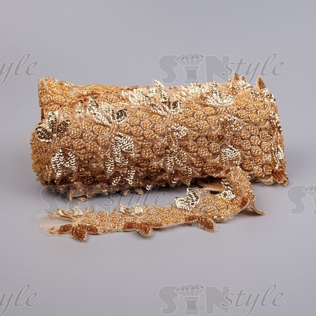 Кружево на сетке с растительным орнаментом, расшитое пайетками и микробисером, ширина 70 мм, цвет черный, намотка 10 ярдов  фото 2