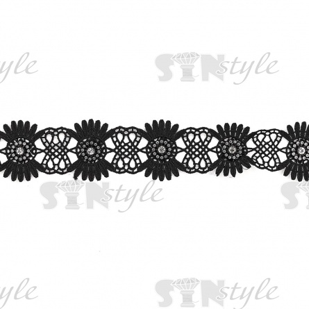 Кружево ажурное с отделкой, нежнейшее тонкое перепление гирлянды с цветочными мотивами со стразой в центре цветка, ширина 45 мм, намотка 10 ярдов, цвт черный фото 1