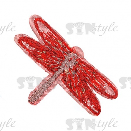 Аппликация "Стрекоза", вышивка на капроне, цвет красный, размер 50х35 мм фото 1