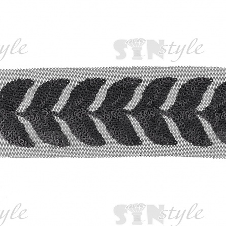 Тесьма отделочная на черной сетке, расшитая пайетками черного цвета, ширина 50 мм, намотка 20 ярдов  фото 2